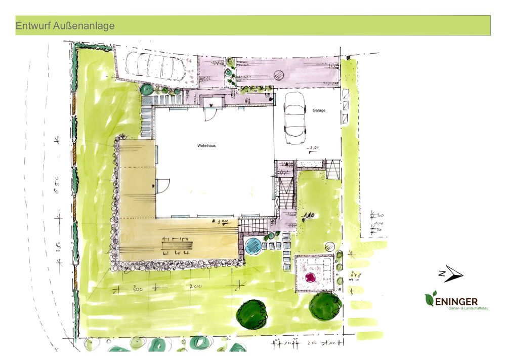 Entwurfsplan: Holzterrasse rund ums Haus